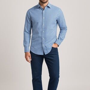 Michael Kors Blue Gingham Check Non-Iron Dress Shirt 16.5 32/33 Classic Luxury